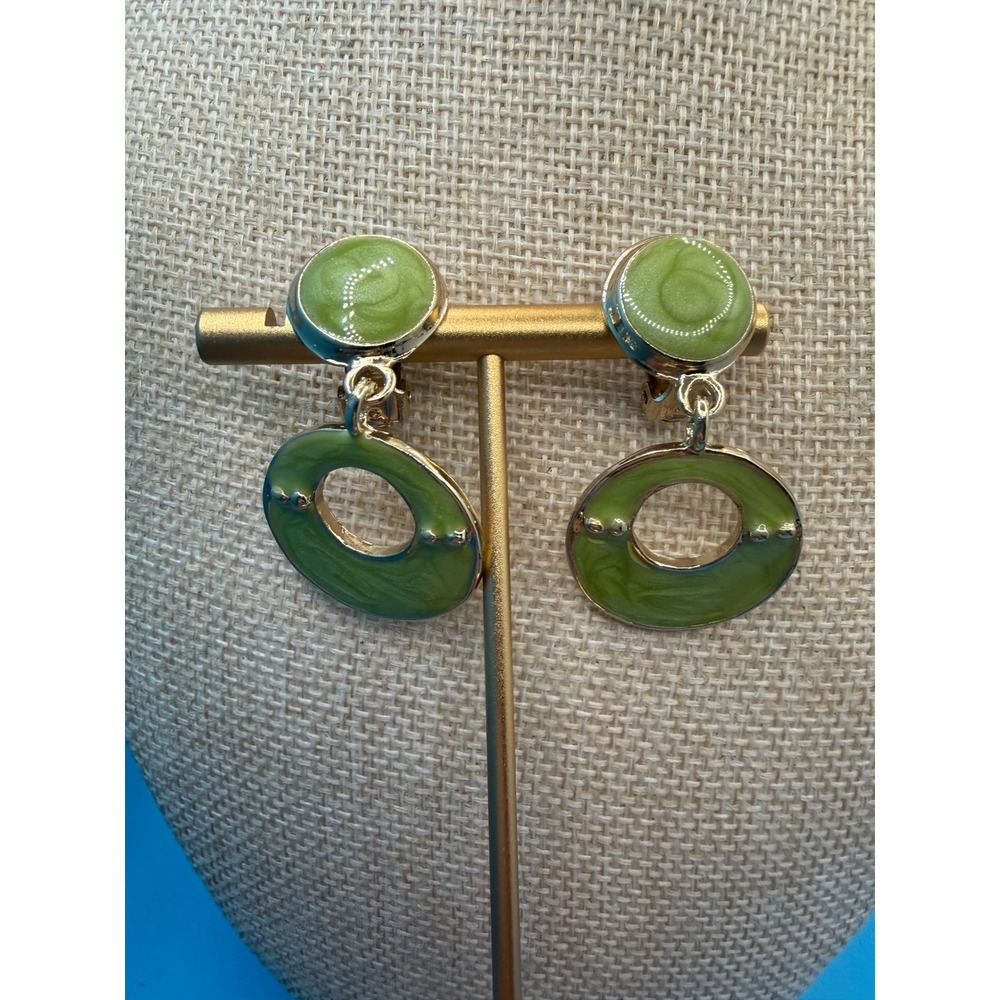 Vintage Green Enamel Clip On Drop Earrings Gold Tone Geometric Statement Retro